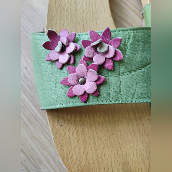 Lilly Pullitzer Vintage Green Leather Wooden Sandals Mules Floral Italy Size 10 - Picture 7 of 10